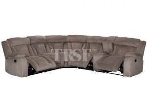 Light brown fabric manual recliner corner sofa with padded armrests and headrests, reclining seats, a storage box and 2 cup holders | TRSF