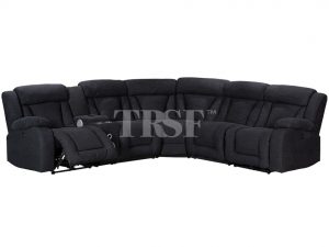 Black fabric electric recliner corner sofa with padded armrests and headrests, reclining seats, a storage box and 2 cup holders | TRSF